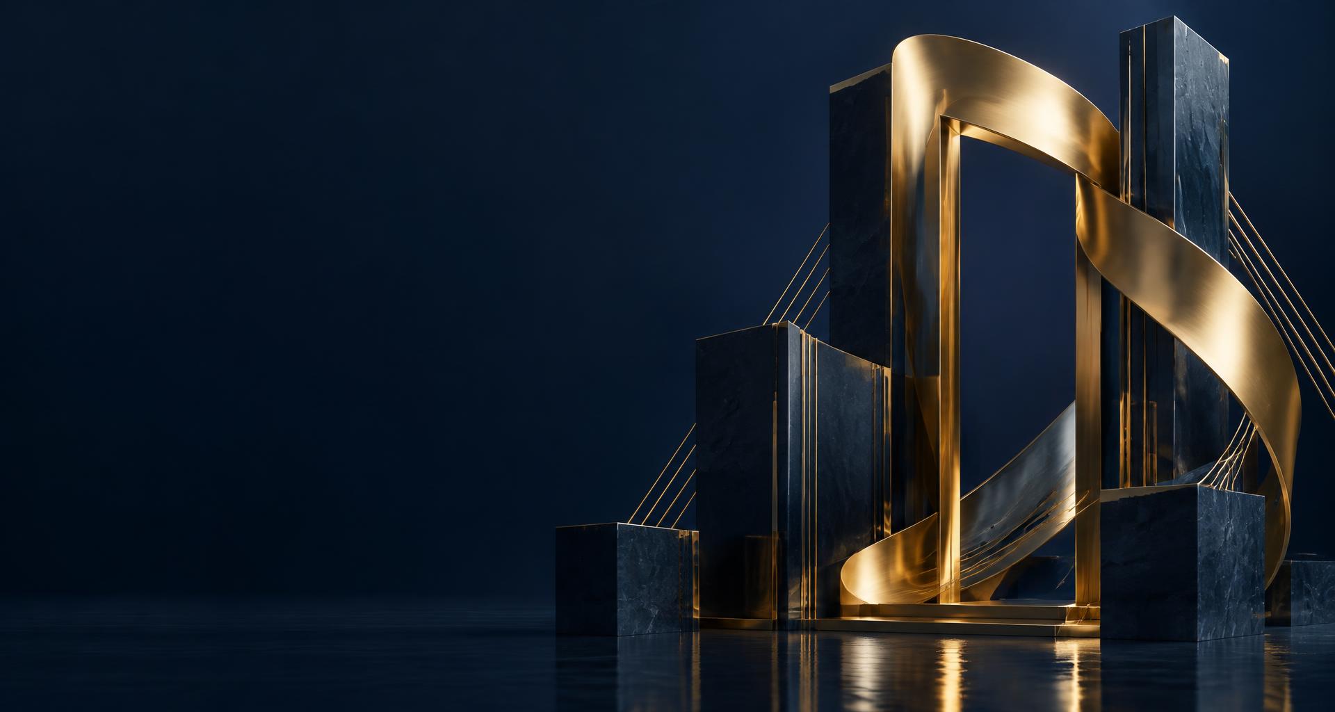 Estructura arquitectónica de azul medianoche y metal dorado que representa un sistema digital conectado